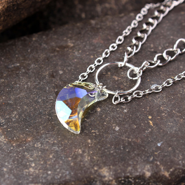 Collier Ras du Cou à Pendentif Lune Cristal - Double Couche