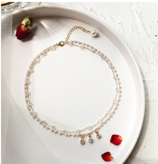 Collier Ras du Cou à Pendentif Lune Cristal - Double Couche