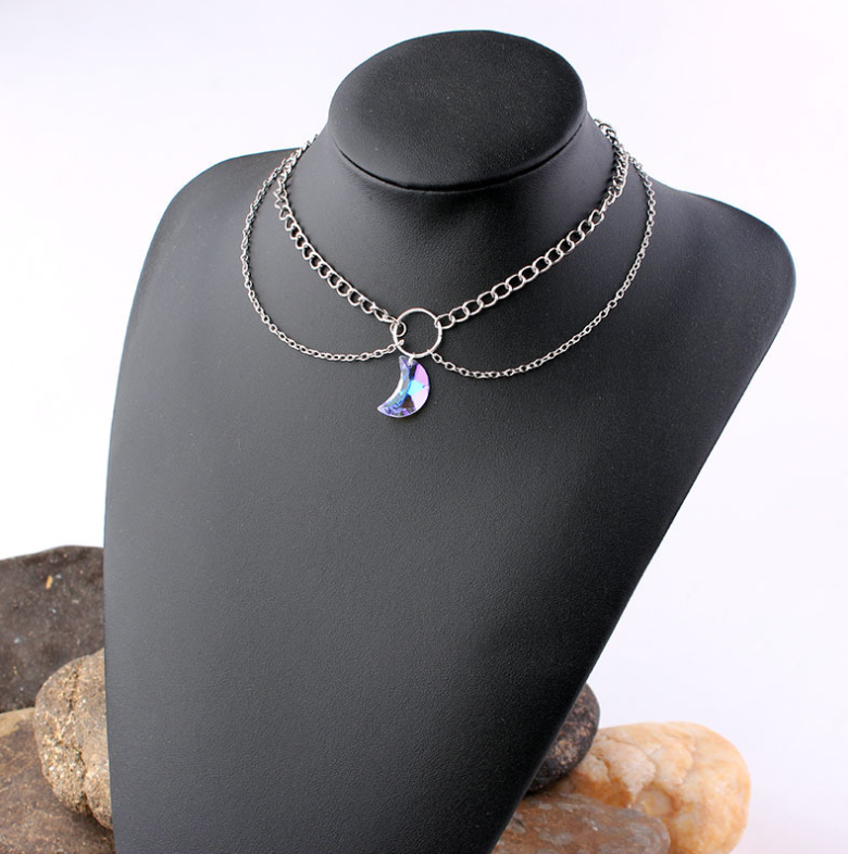 Collier Ras du Cou à Pendentif Lune Cristal - Double Couche