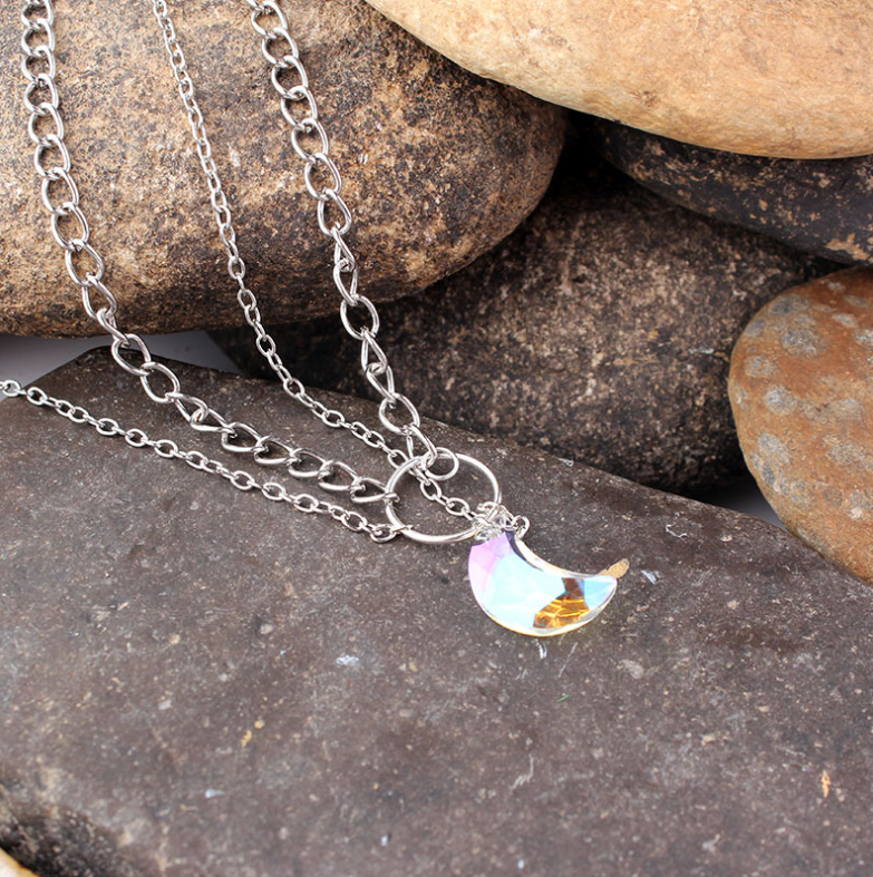 Collier Ras du Cou à Pendentif Lune Cristal - Double Couche