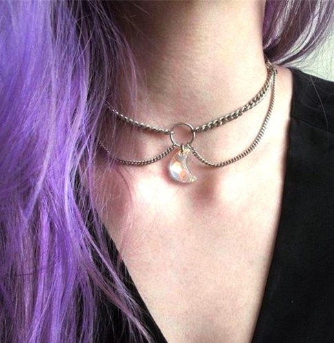 Collier Ras du Cou à Pendentif Lune Cristal - Double Couche