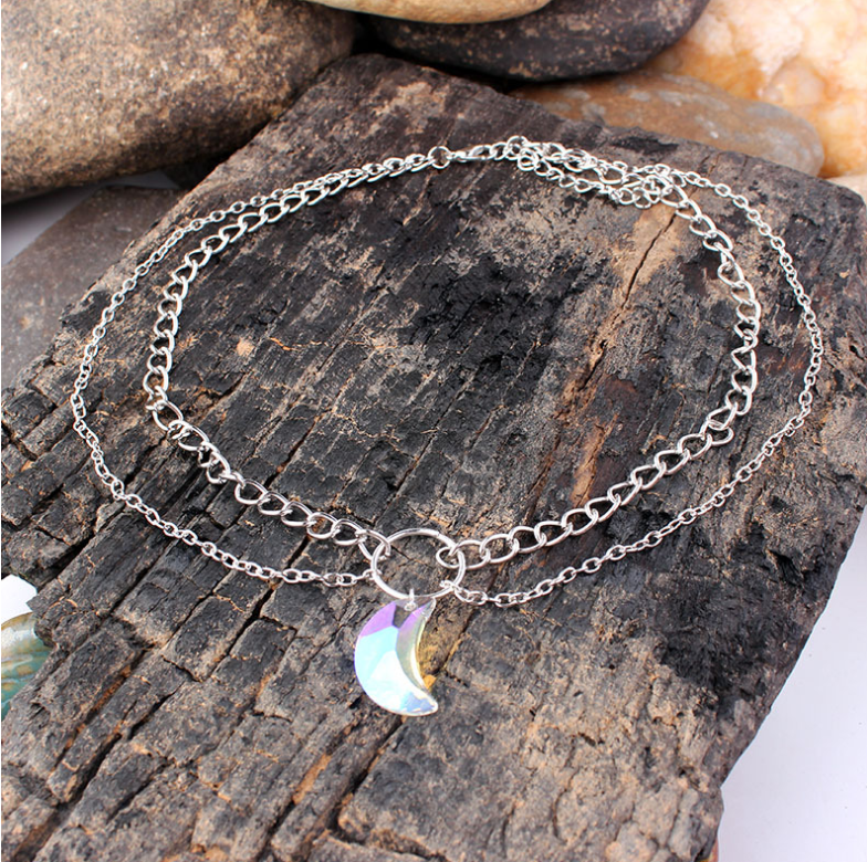 Collier Ras du Cou à Pendentif Lune Cristal - Double Couche