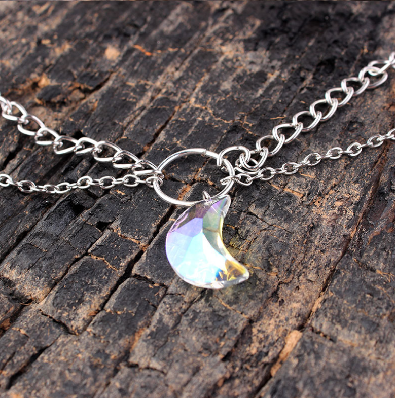 Collier Ras du Cou à Pendentif Lune Cristal - Double Couche