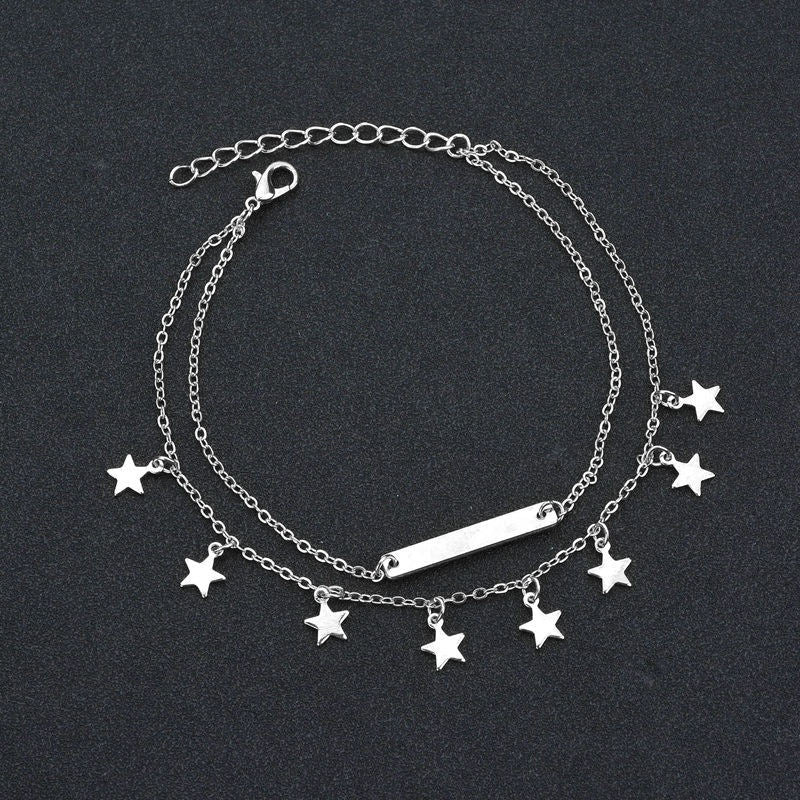 Bracelet de Cheville Double Rang Étoilé Argenté