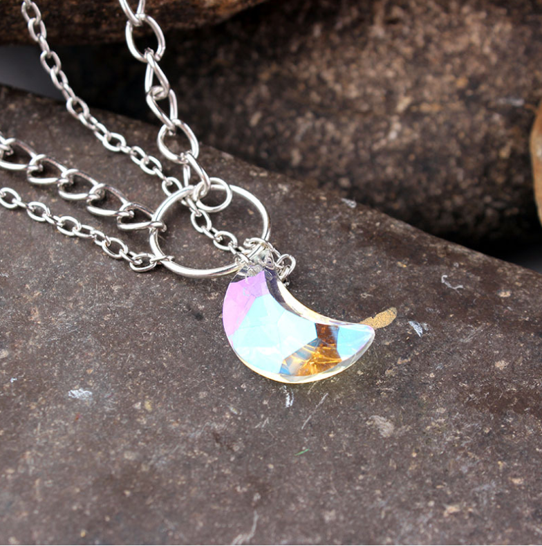 Collier Ras du Cou à Pendentif Lune Cristal - Double Couche