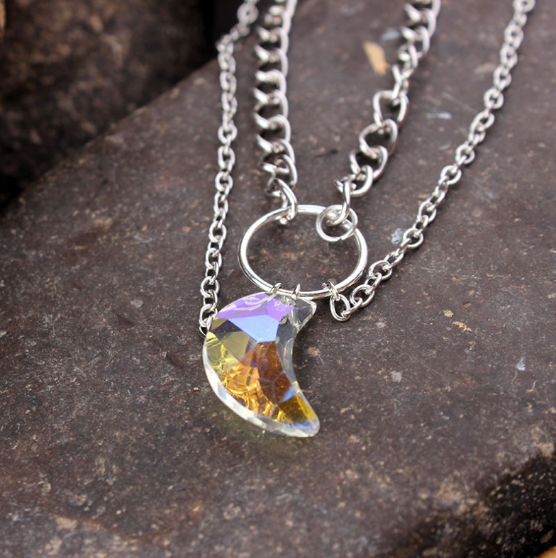 Collier Ras du Cou à Pendentif Lune Cristal - Double Couche
