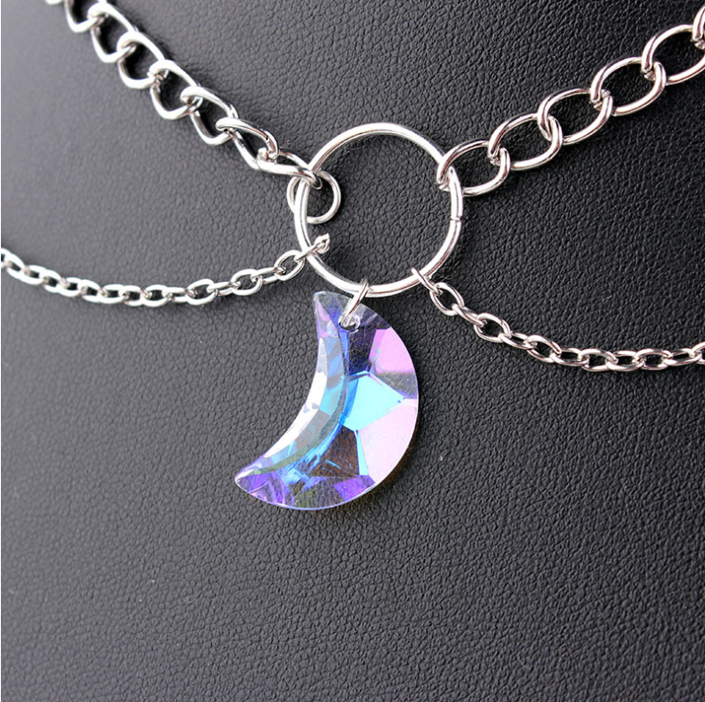 Collier Ras du Cou à Pendentif Lune Cristal - Double Couche